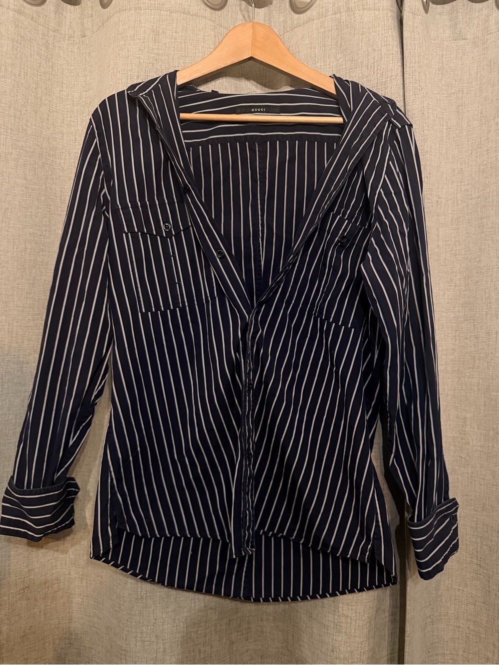Gucci Navy and White Vertical Stripe Button-Down Shirt